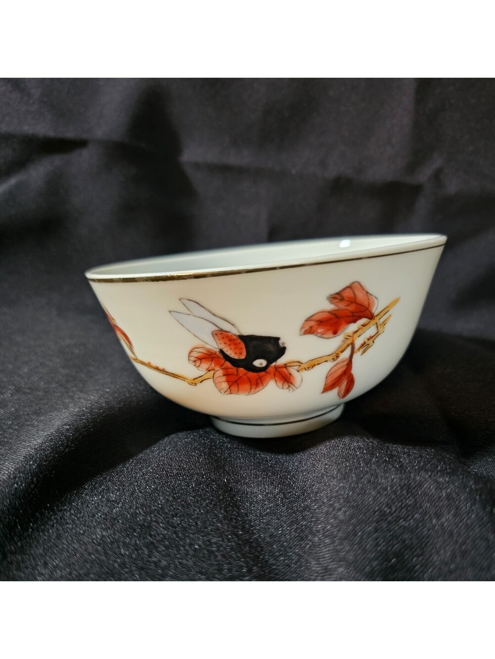 Vintage Porcelain Rice Soup Bowl White With Gold Trim 2.5" China Leaves Nature